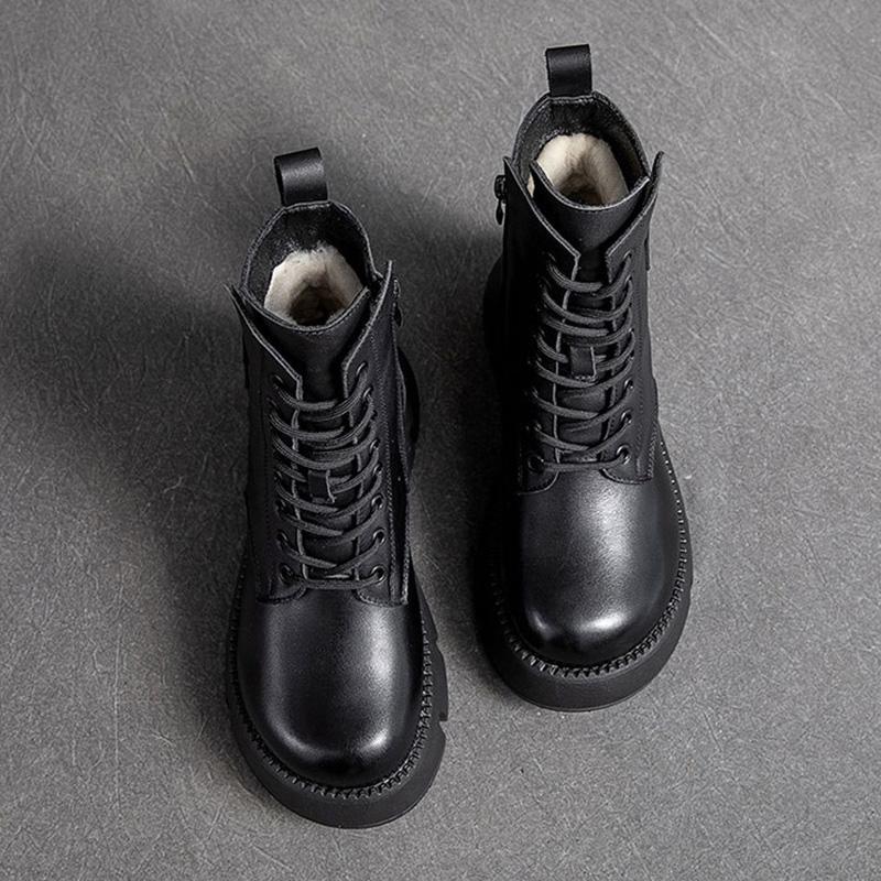 Babakud Women Winter Retro Thick Wool Casual Leather Handmade Boots