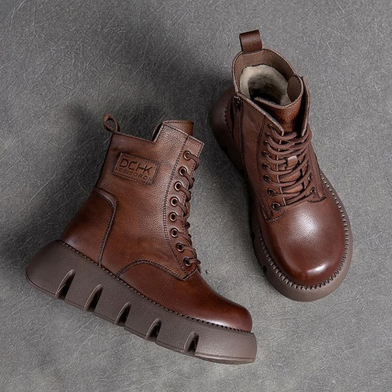 Babakud Women Winter Retro Thick Wool Casual Leather Handmade Boots