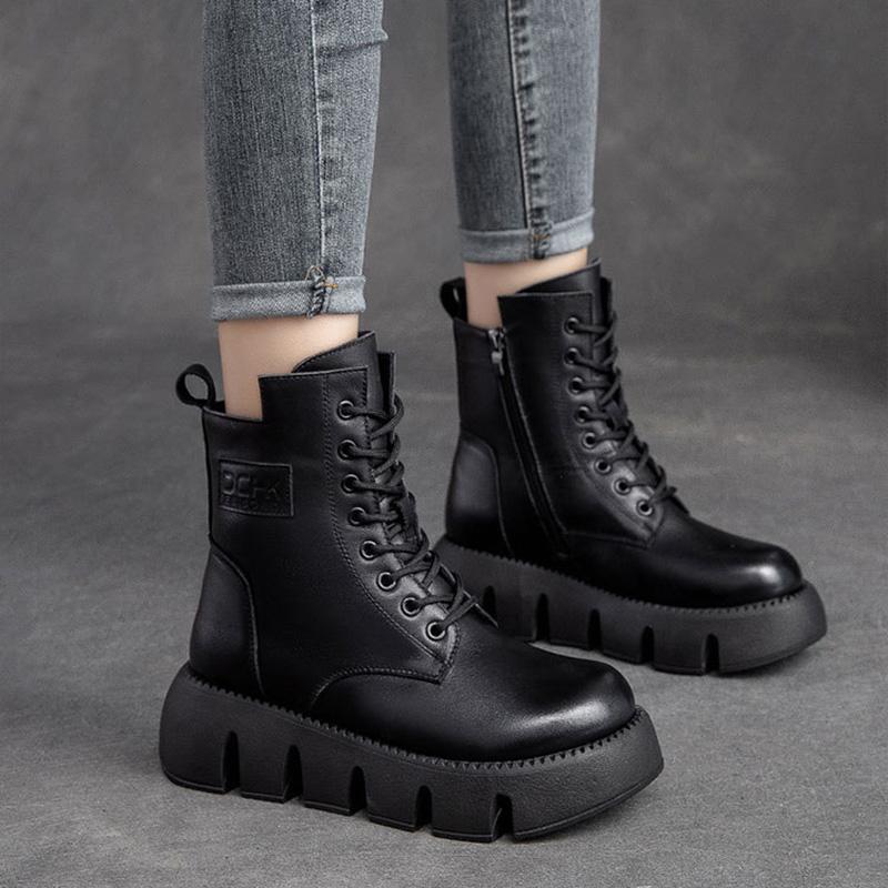 Babakud Women Winter Retro Thick Wool Casual Leather Handmade Boots