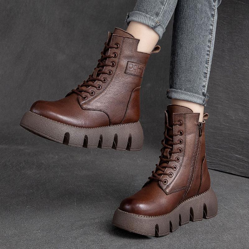 Babakud Women Winter Retro Thick Wool Casual Leather Handmade Boots