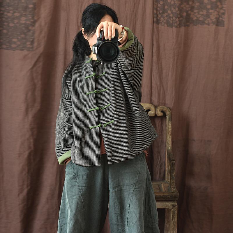 Winter Vintage Stripe Cotton Padded Linen Coat
