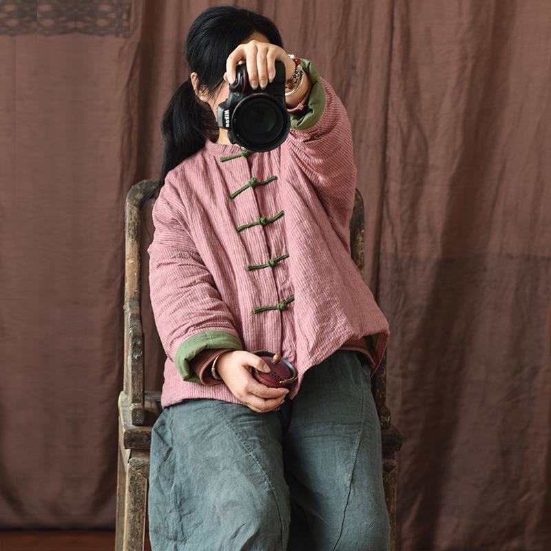 Winter Vintage Stripe Cotton Padded Linen Coat