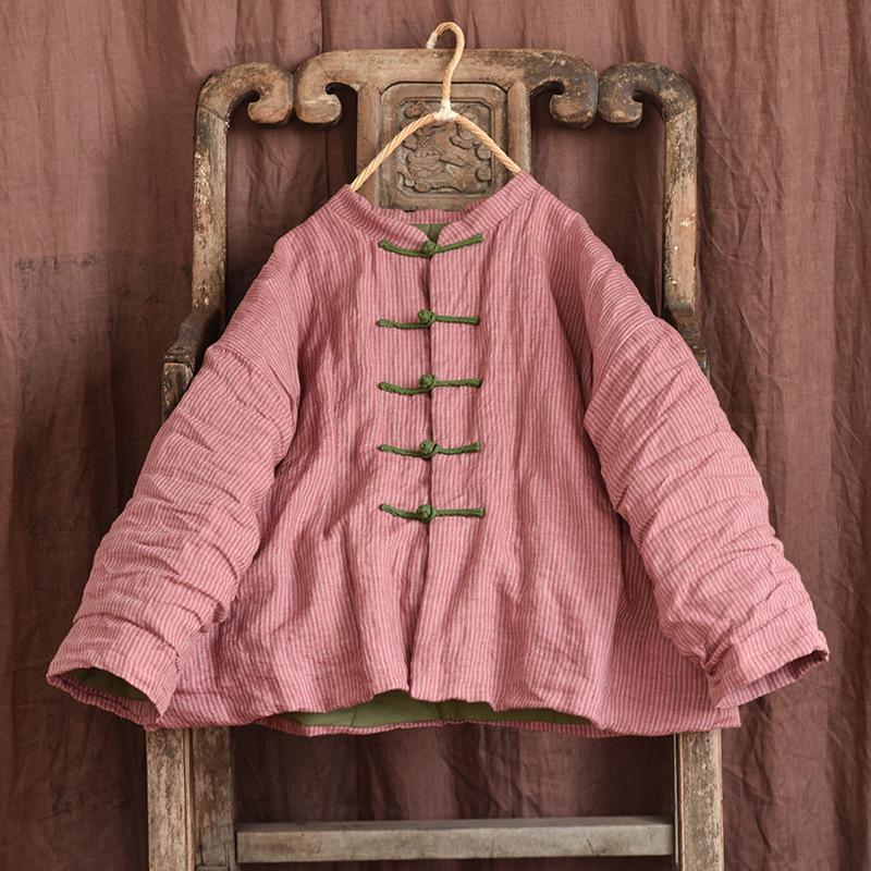 Winter Vintage Stripe Cotton Padded Linen Coat