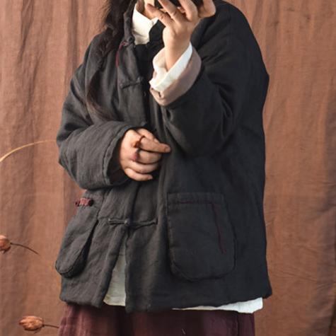 Women Autumn Retro Linen Cotton Padded Jacket