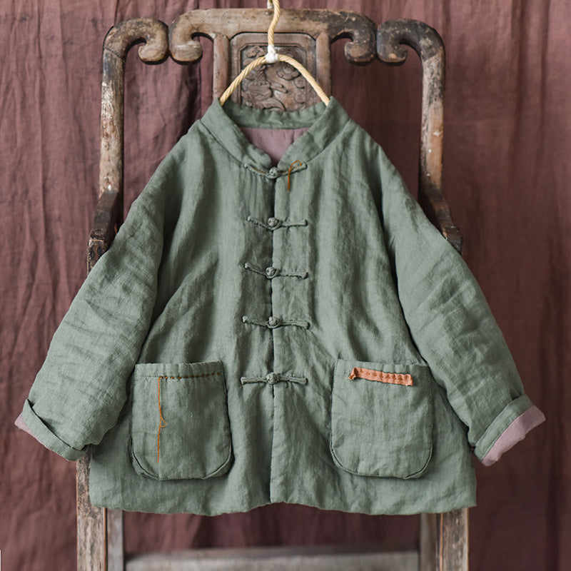 Women Autumn Retro Linen Cotton Padded Jacket