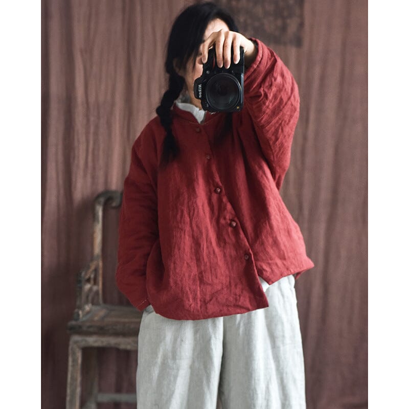 Women Autumn Winter Retro Casual Linen Quilted Jacket
