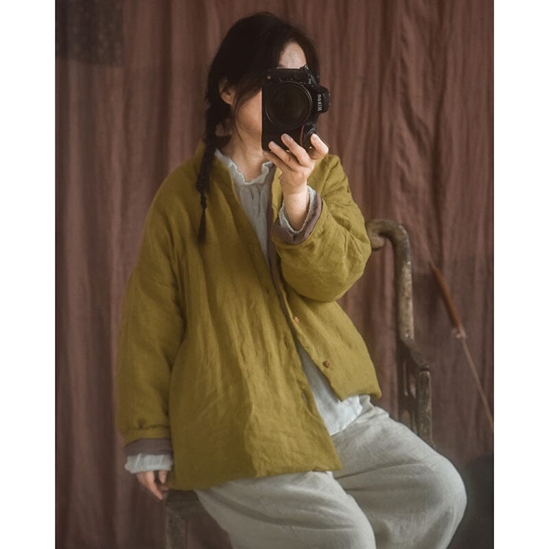 Women Autumn Winter Retro Casual Linen Quilted Jacket