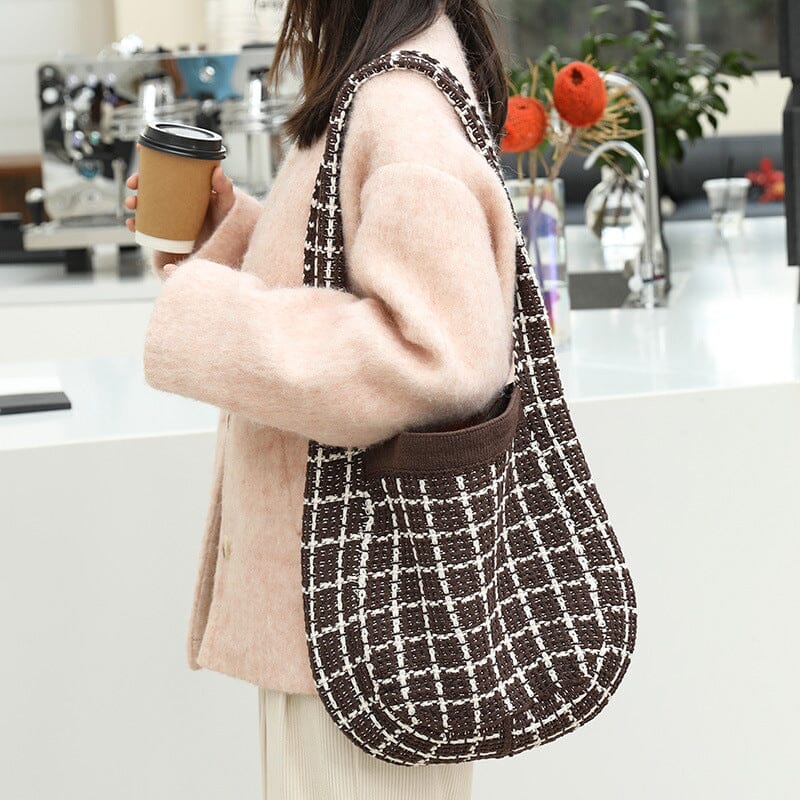 Women Fashion Plaid Knitted Canvas Shoulder Bag