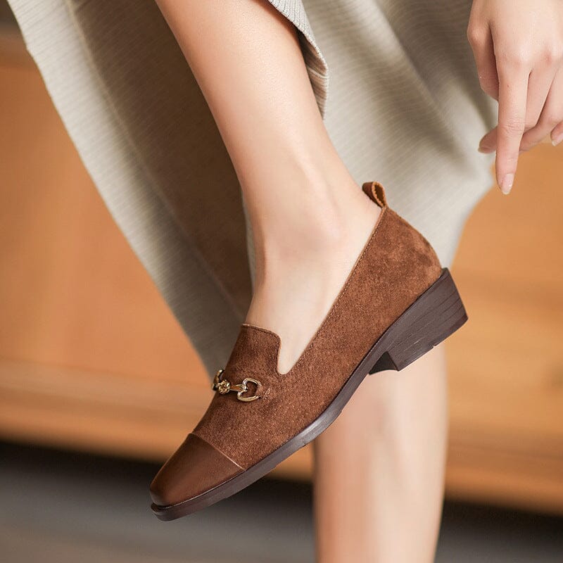 Women Spring Retro Leather Low Wedge Loafers
